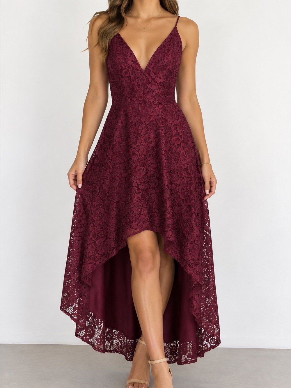 David’s Bridal V-Neck Burgundy Lace High-Low Dress